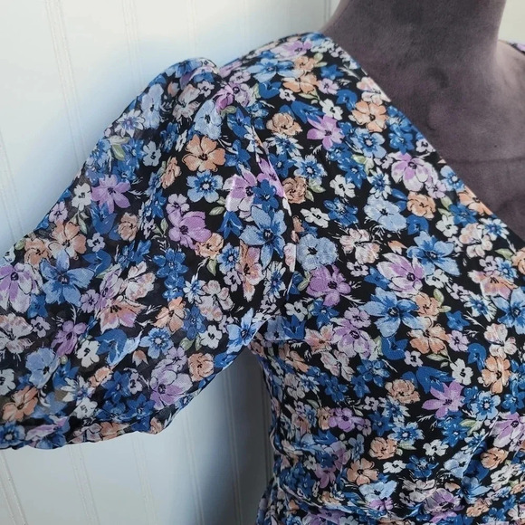 Allison & Kelly Dress Womens Blue Floral Short Slv Keyhole Mesh Rutched Ruffle M - Picture 14 of 16